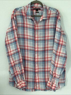 Michael Kors Men's 100% Linen Plaid Button Down Shirt Blue Red Size L